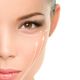 Face lift anti-aging treatment - Asian woman portrait with graphic lines showing facial lifting effect on skin.